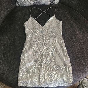 B. Smart Silver Sequin Mini Dress Spaghetti Strap V-Neck